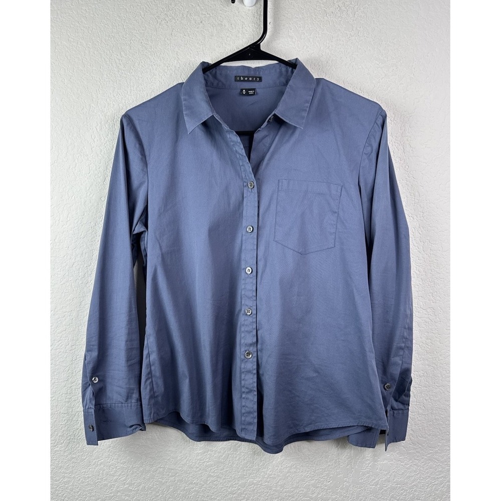 Theory Button Up‎ Shirt Blouse Women's M Blue Stretch Heritage Office Career